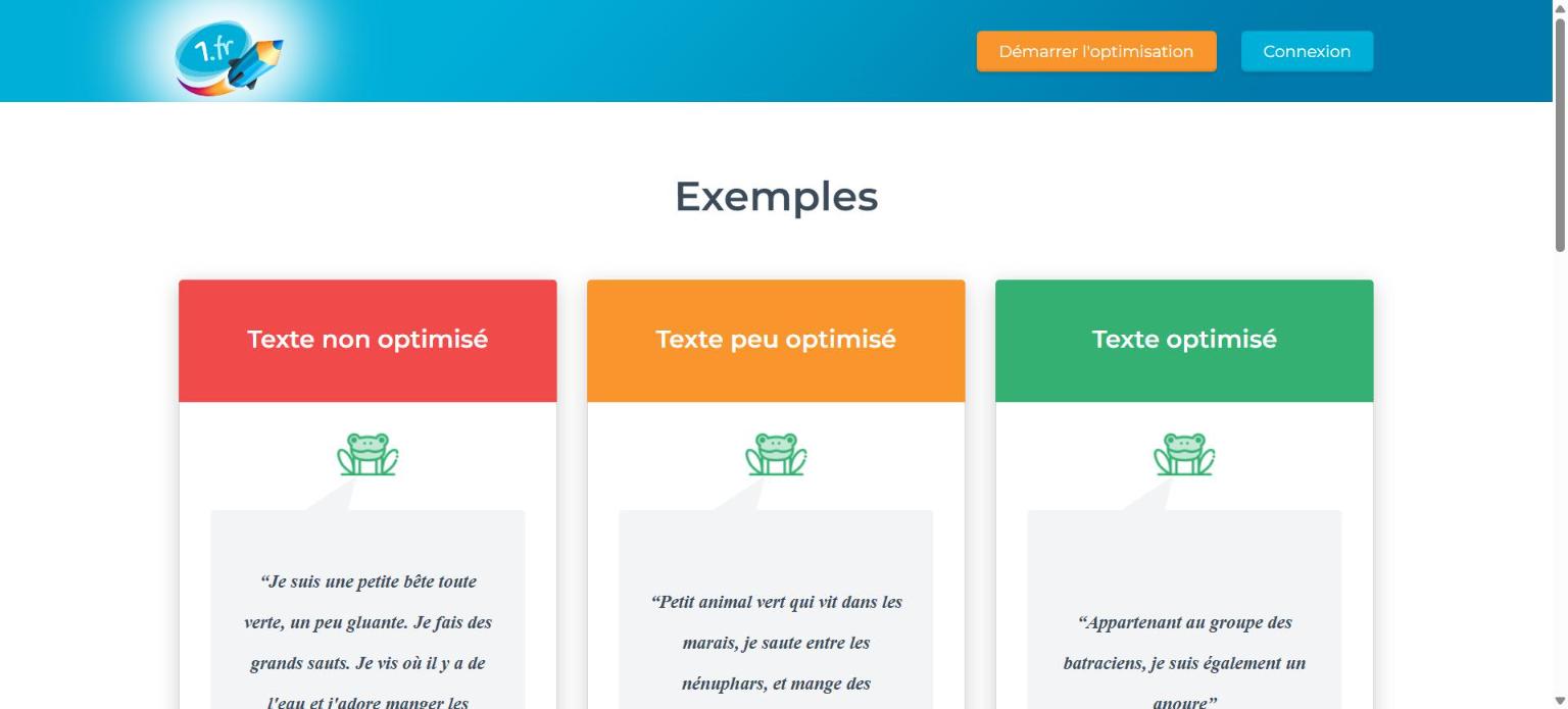 Page d’exemples de 1.fr : un même texte en version non optimisée, peu optimisée et optimisée