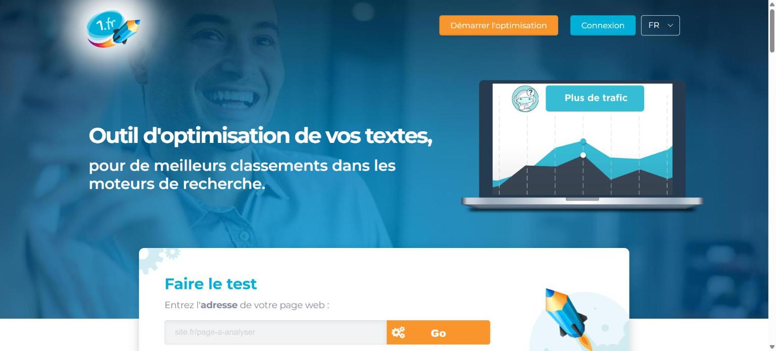 Page d’accueil de 1.fr : « Outil d’optimisation de vos textes, pour de meilleurs classements dans les moteurs de recherche »