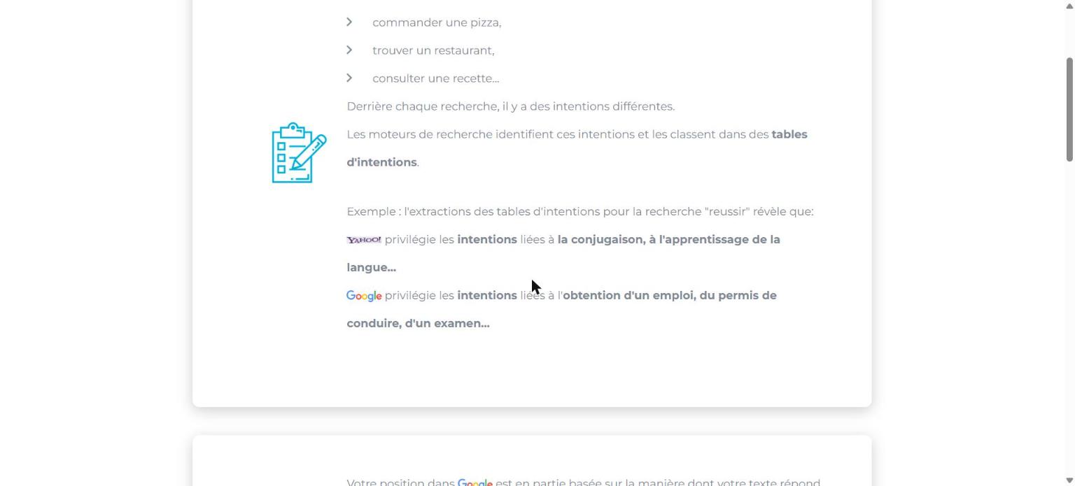 Page « Comment ça marche » de 1.fr : exemple de tables d’intentions pour la requête « réussir » selon Yahoo et Google
