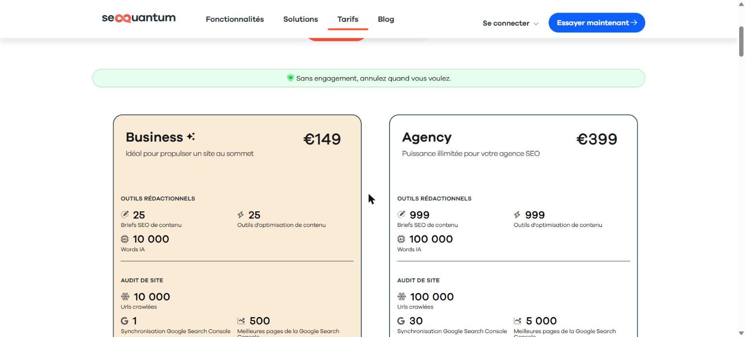Page des offres de SEOQuantum : formules Business à 149 € et Agency à 399 € par mois