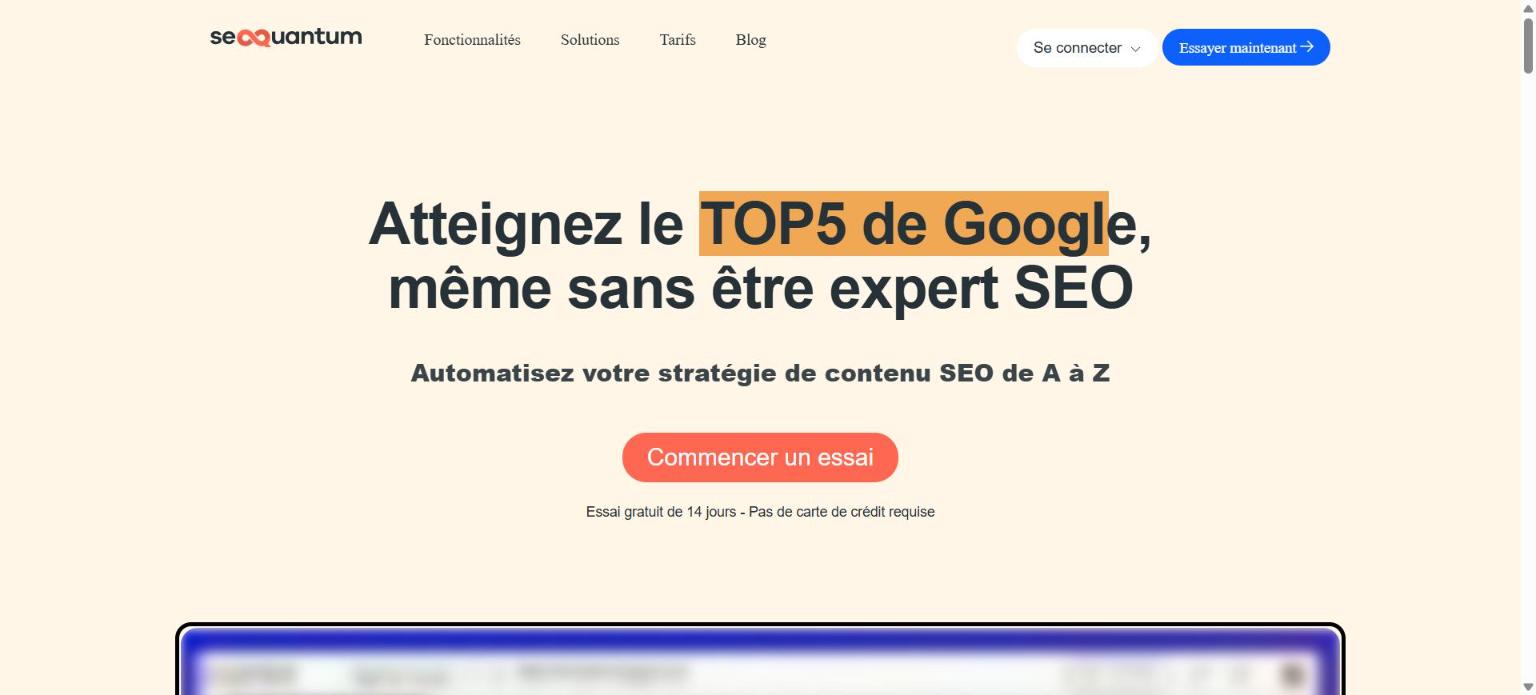 Page d’accueil de SEOQuantum, avec l’accroche sur les briefs et les articles optimisés
