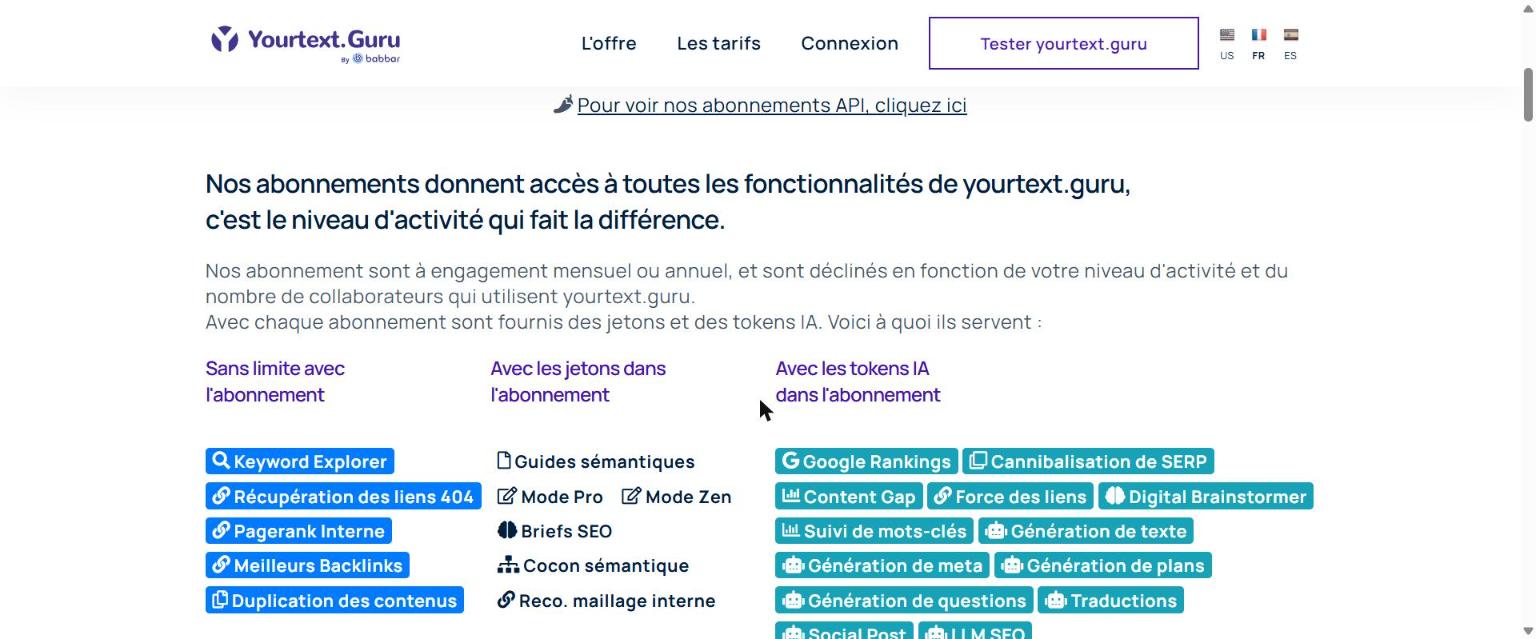 Page des tarifs de yourtext.guru : fonctions sans limite, fonctions avec jetons et fonctions avec tokens IA