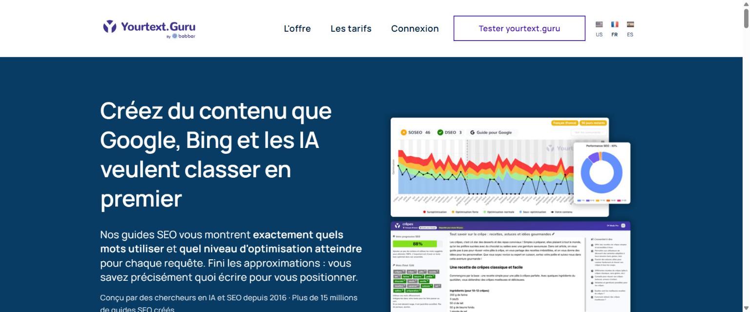 Page d’accueil de yourtext.guru : « Créez du contenu que Google, Bing et les IA veulent classer en premier »