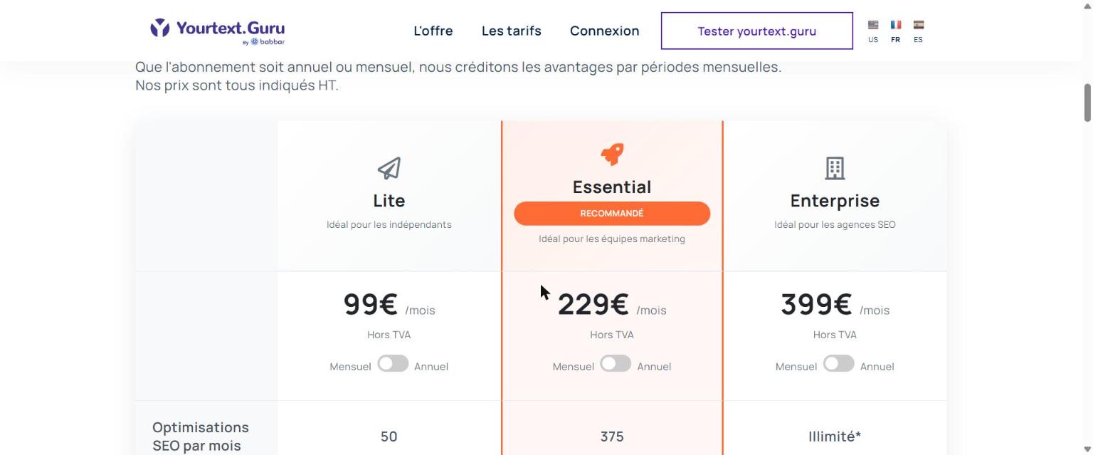 Tableau des abonnements yourtext.guru : Lite à 99 €, Essential à 229 € et Enterprise à 399 € par mois, hors TVA